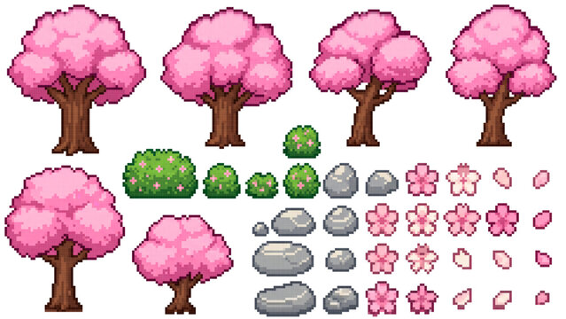 Pixel Art Cherry Blossom Tree Nature Asset Pack, Pixel Art Sakura Tree and Bush Game Asset Collection
