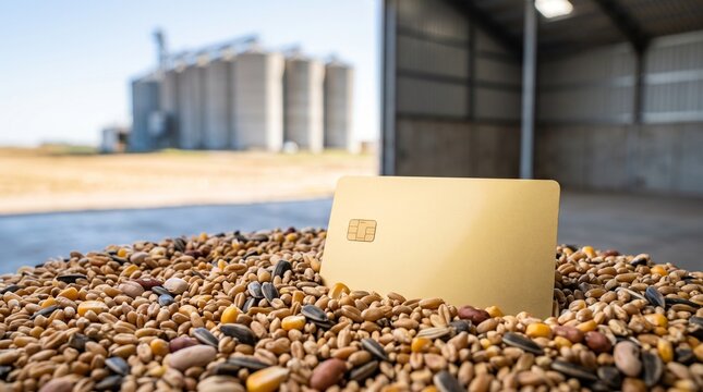 Gold credit card mockup in grain harvest pile near farm silo hangar representing agribusiness loans financial investment rural banking credit line agricultural subsidies and crop insurance concept.
