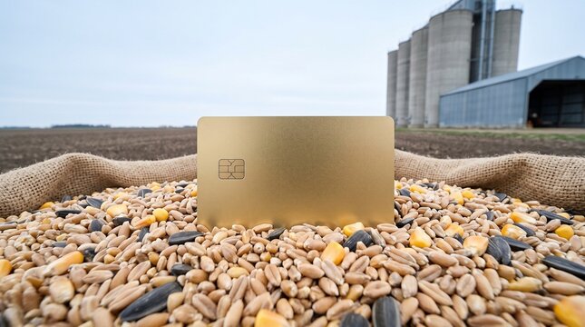 Gold blank smart credit card mockup in sack of wheat grains with grain elevator in background for agricultural finance crop investment payment and agribusiness banking marketing.