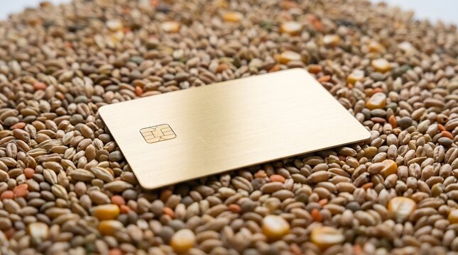 Gold credit card placed on agricultural grain seed harvest symbolizing agribusiness loan financing investment banking farming economy food market financial growth trade crop industry concepts.