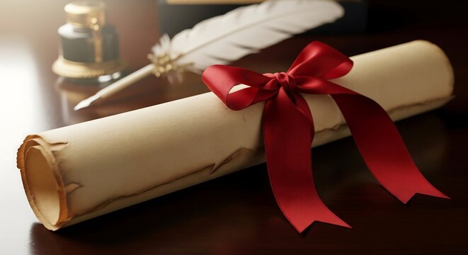 Old vintage paper scroll tied with vibrant red ribbon beside an antique white feather quill ink pen