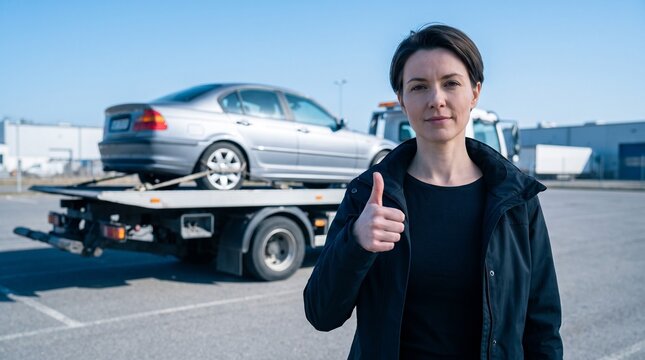 Confident woman with short brown hair showing thumbs up near tow truck with car representing auto insurance claim approved car loan finance roadside service vehicle assistance business concept.
