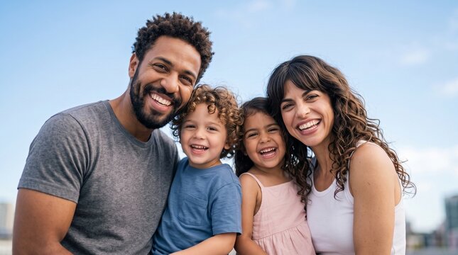 Happy multiracial diverse family smiling outdoors under blue sky representing life insurance family banking financial security future savings mortgage investment wealth plan and safety.