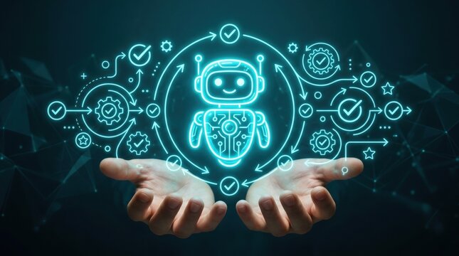 Glowing digital robot assistant icon hovering over human hands with connected workflow steps and automation tools.