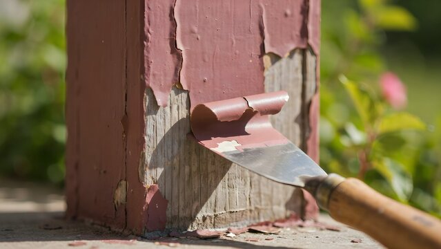 Close-up of paint scraper removing old pink paint from wooden surface outdoors