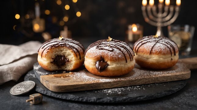 Chocolate sufganiyot donuts for Hanukkah holiday celebration