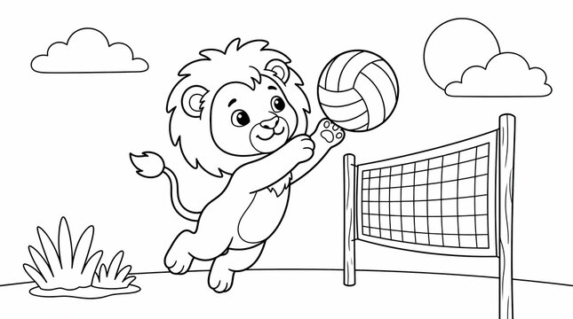 Cute cartoon lion cub playing volleyball outdoors, black and white line art for coloring book page.