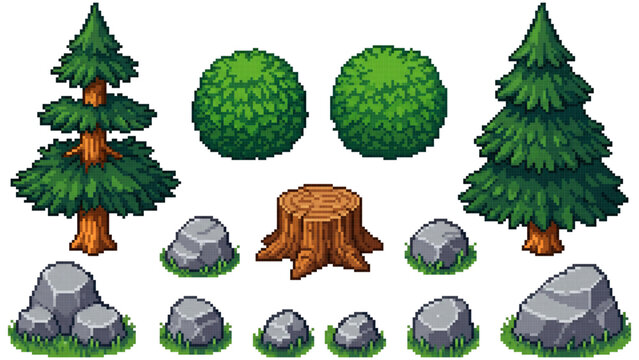 Pixel Art Forest Trees Bushes Tree Stump and Rocks, Pixel Art Woodland Game Asset Pack with Nature Elements