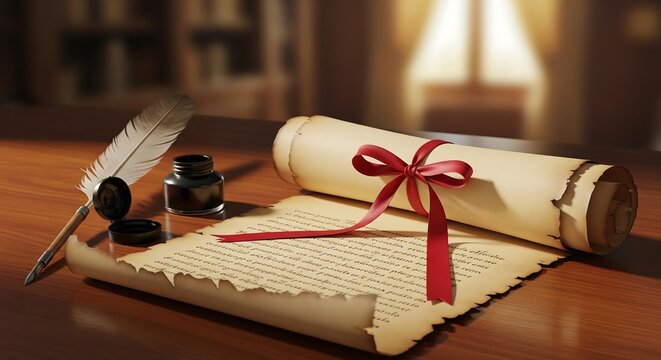 Ancient parchment scroll tied with red ribbon beside a quill and inkwell on a warm wooden desk