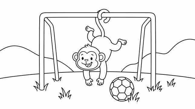 Cute cartoon monkey hanging by its tail from a soccer goal on a field, coloring page for children.