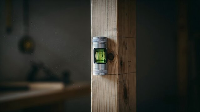 Modern bubble level on wooden structure indicating straight construction line