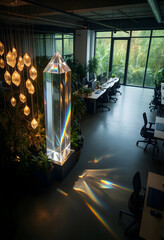 Obraz premium Biophilic office design and workplace wellness, large crystal prism with rainbow light refraction in modern sustainable workspace with indoor plants
