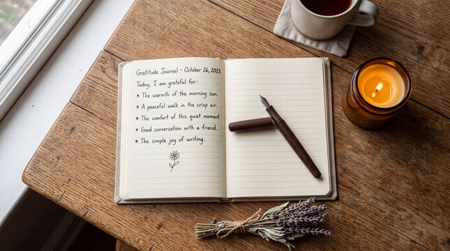 Open gratitude journal with fountain pen and candle on wooden table