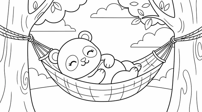Cute cartoon panda bear sleeping in a hammock between two trees in a forest, black and white coloring page for kids