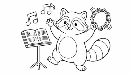 Fototapeta premium Cute cartoon raccoon playing a tambourine and dancing next to a music stand with musical notes, perfect for a children's coloring page.