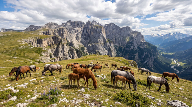 Gran manada de caballos y potros pastando en una pradera alpina alta, con espectaculares picos rocosos, acantilados y valle de fondo.