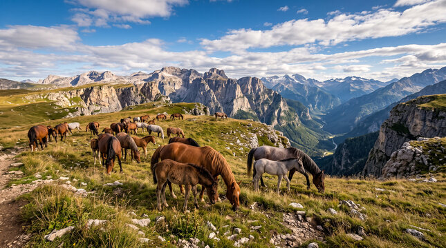 Gran manada de caballos y potros pastando en una pradera alpina alta, con espectaculares picos rocosos, acantilados y valle de fondo.