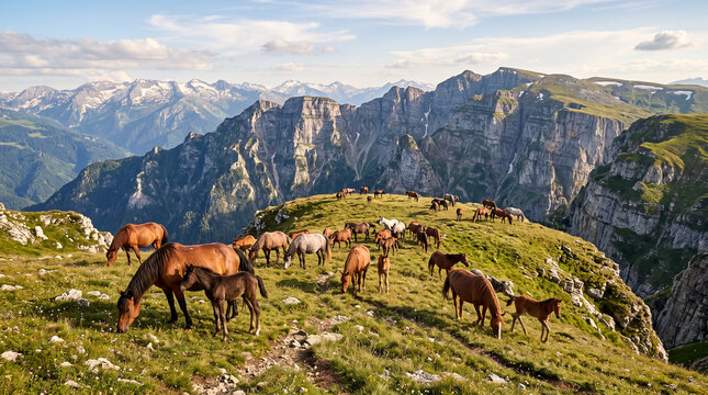 Gran manada de caballos y potros pastando en una pradera alpina alta, con espectaculares picos rocosos, acantilados y valle de fondo.