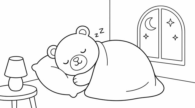 Cute cartoon teddy bear sleeping soundly in a bed with a blanket and pillow at night, coloring book style illustration.