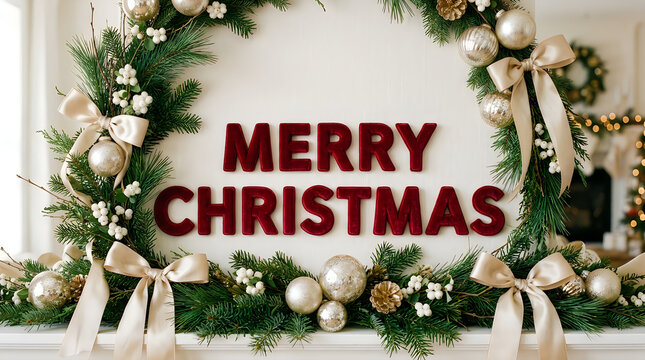 Festive merry christmas backdrop with garland and ornaments