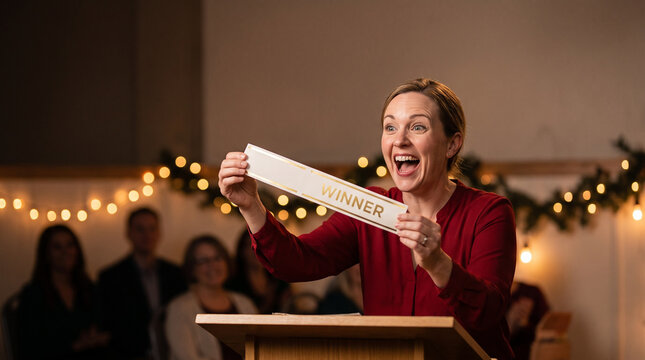A joyful female presenter at a wooden podium holding up a winning ticket during a festive Christmas Lottery event with string lights in the background