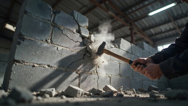 Construction Worker Breaking Concrete Wall with Chisel and Hammer in Industrial Setting
