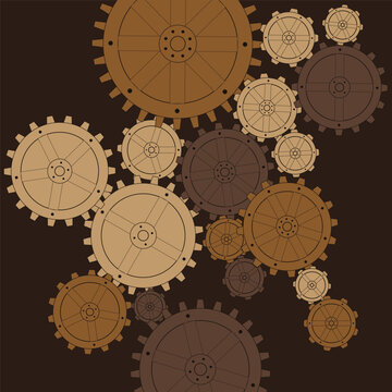 Abstract steampunk gears and cogs mechanism on dark brown background. Flat vintage industrial clockwork machinery vector illustration EPS.
