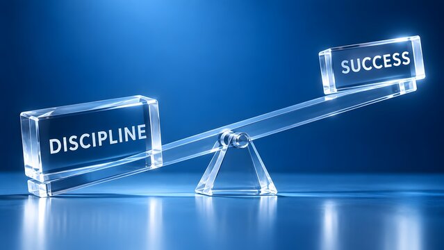 Discipline and success balancing on a glass seesaw scale highlighting the weight of consistency in business
