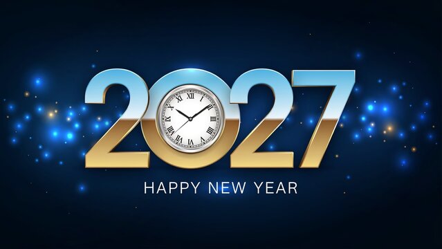 Golden and blue glowing numbers for year 2027 featuring a classic clock against dark background illustration