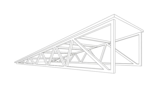 Steel truss structure designed for building construction is presented in a wireframe line art model.