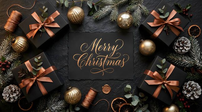 Dark and moody christmas decorations with gifts and ornaments
