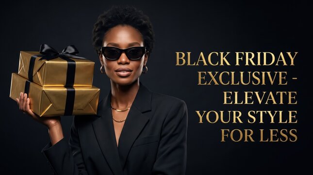 Woman with short hair wearing black sunglasses and a blazer holding two stacked gold gift boxes with black ribbons against a dark background with gold text overlay