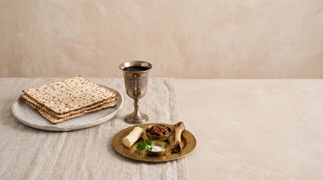Passover Seder Plate with Matzah and Wine