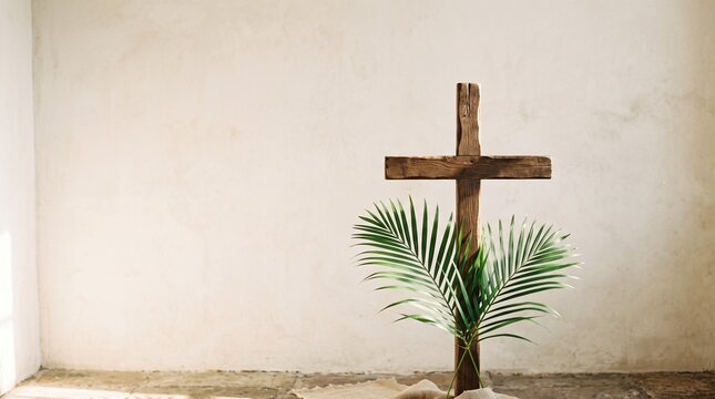 Rustic wooden cross with palm fronds in a simple room