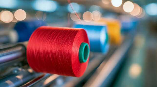 Close-up of red thread spool on textile machinery inside a factory, representing industrial manufacturing, automation, sewing, weaving and fabric production