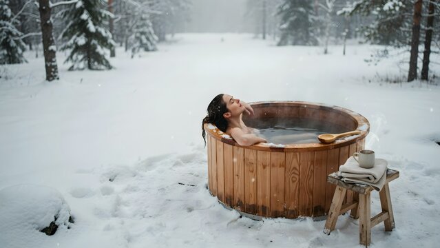 Woman Relaxing in a Wooden Hot Tub in Snowy Forest Landscape during Winter