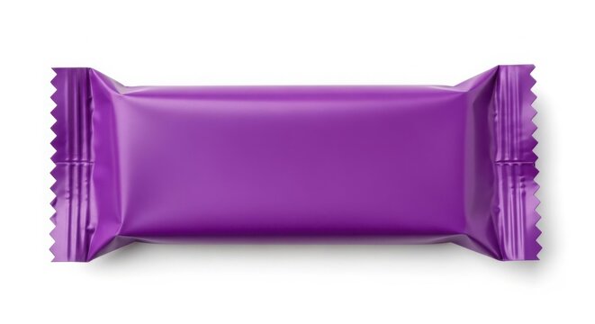 Purple candy bar wrapper on a white background with chocolate bar