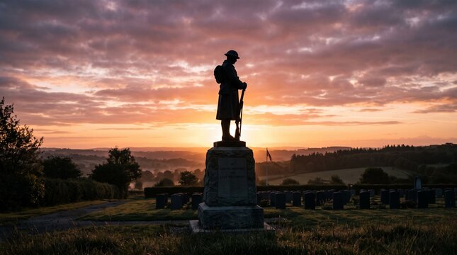Soldier statue memorial at sunrise with dramatic clouds and rolling hills