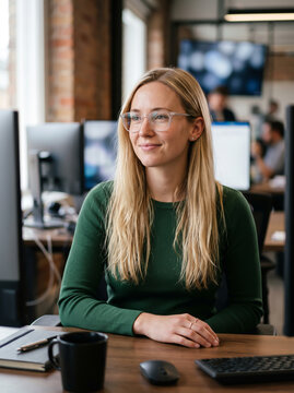 Young woman working at a desk in a modern office setting technology and collaboration