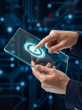 Hand interacting with holographic display of security shield icon futuristic technology concept
