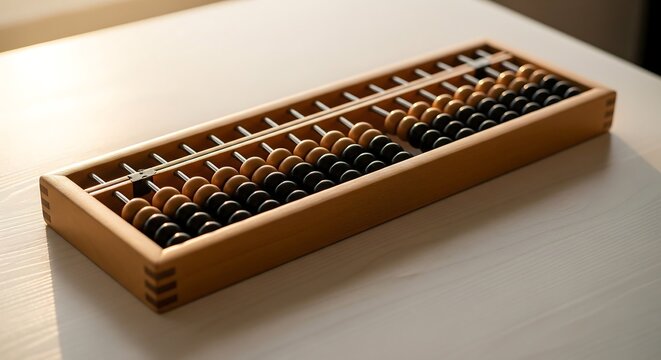 Traditional wooden abacus on white surface with soft natural light creating warm minimalist atmosphere and educational mood