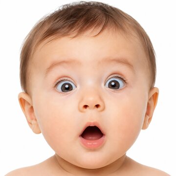 Surprised Baby Face: A close-up portrait of a baby's face with wide, astonished eyes and an open mouth, expressing pure shock and wonder.