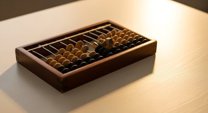 Vintage wooden abacus on a clean white desk with soft warm sunlight creating deep shadows and contrast