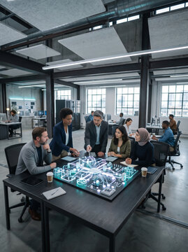 Diverse business team collaborating over holographic technology projection in modern office space