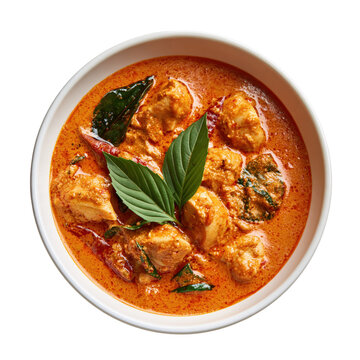 Spicy chicken curry with fresh basil and kaffir lime leaves in a bowl Isolated on transparent background