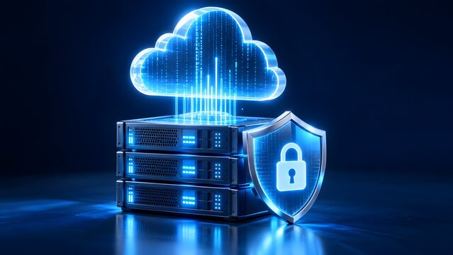 Secure cloud computing concept with server rack, glowing digital cloud, and a protective padlock shield on dark background.