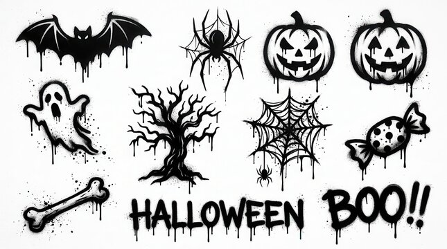 Halloween Graffiti Spray Paint Icon Set with Spooky Bat, Ghost, Pumpkin, Spider Web and Drip Effects on White Background