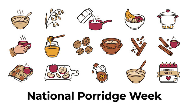 National Porridge Week Vector Icon Set featuring Oats Bowl, Milk Carton, Honey Jar, Walnuts, Cinnamon Sticks, Cooking Pot, and Healthy Breakfast Icons