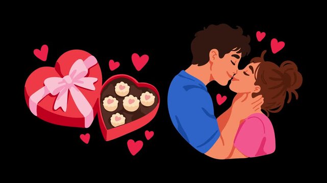animation affectionate couple celebrating love with heart shaped chocolate present