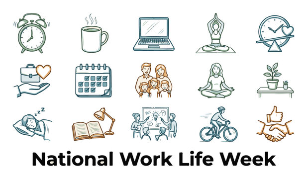 National Work Life Week Vector Icon Set featuring Alarm Clock, Laptop Workstation, Yoga Meditation, Family Time, Healthy Sleeping, and Career Balance Icons